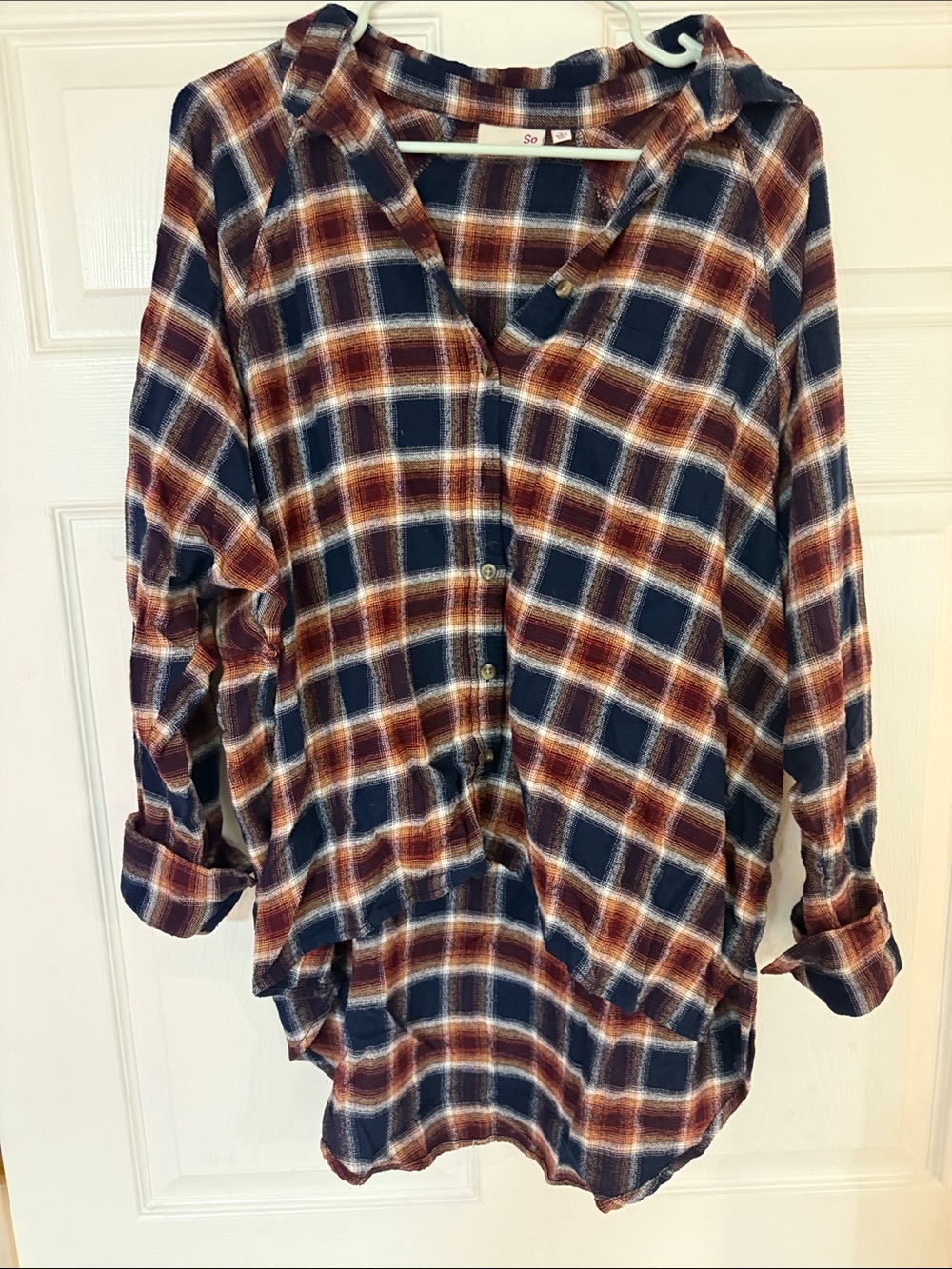 SO Plaid Button-Down Tunic Shirt in Navy and Rust